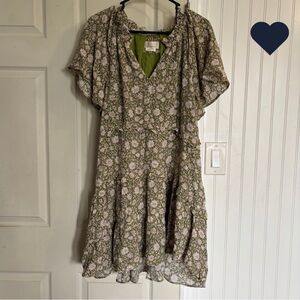 Anthropologie Liberty Robin Ruffle Moss Olive and White Floral Dress